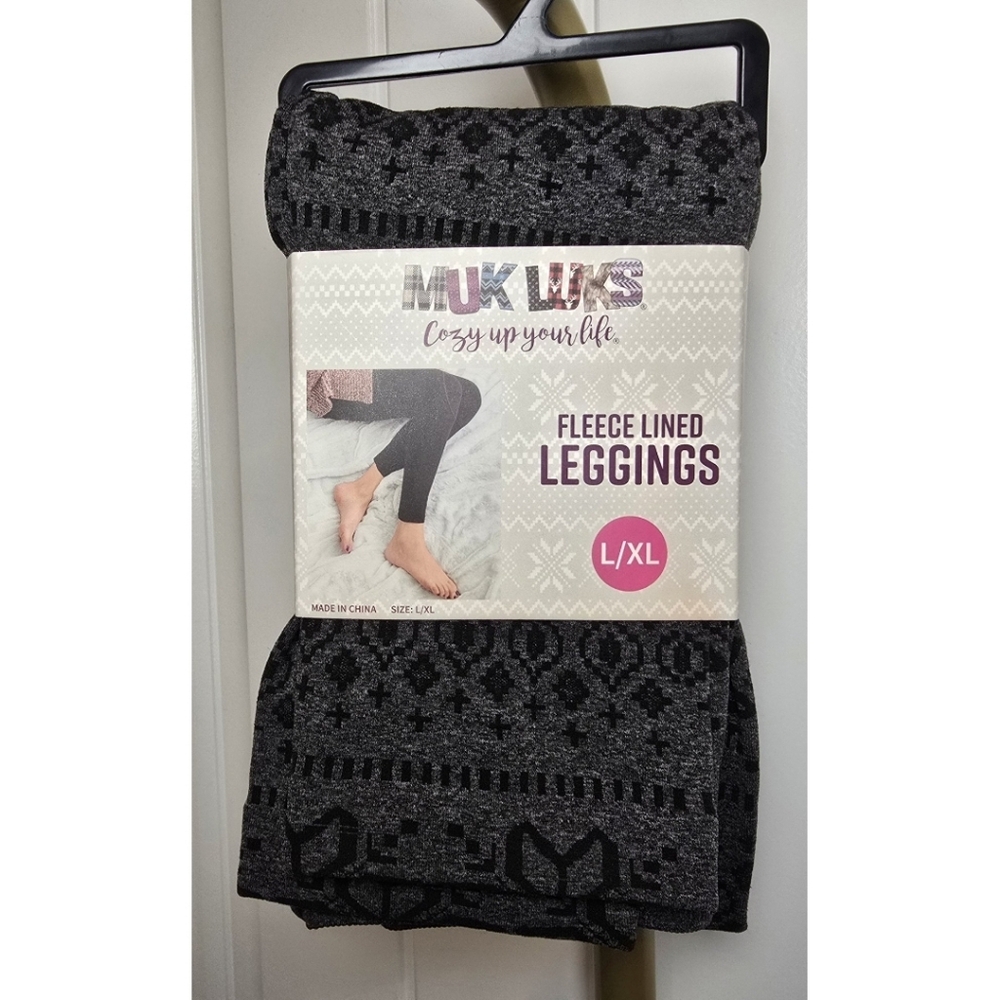 Muk Luks Fleece Lined Leggings L/XL Gray Black New Large XL